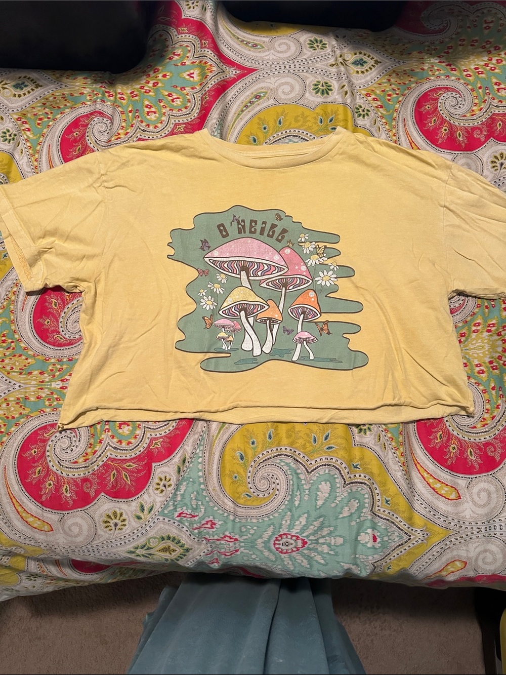 O'Neill Yellow Crop Tee with Pastel Mushroom Graphic